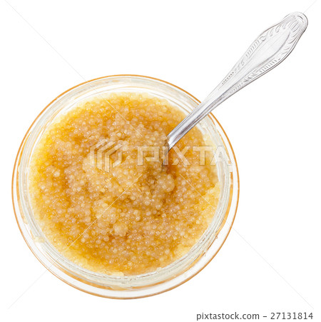 top view glass jar with caviar of pike with spoon top view glass jar with caviar of pike with spoon 27131814