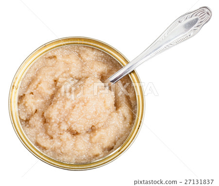 open tin with caviar of herring fish with spoon 27131837