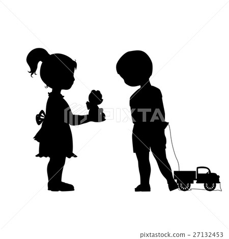 Girl and boy with little car silhouettes. Friends Girl and boy with little car silhouettes. Friends 27132453