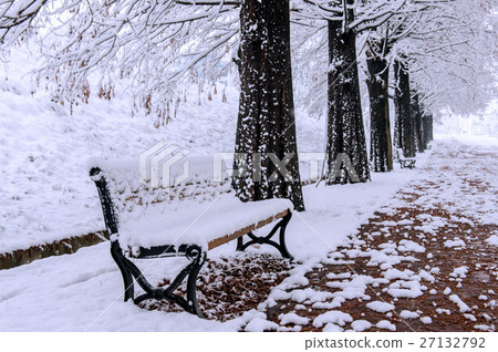View of bench and trees with falling snow. 27132792