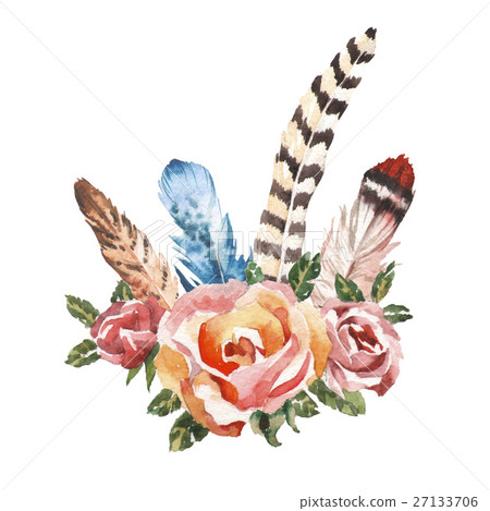 Watercolor boho chic image Flowers, feathers 27133706