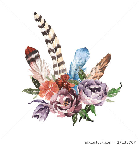 Watercolor boho chic image Flowers, feathers 27133707