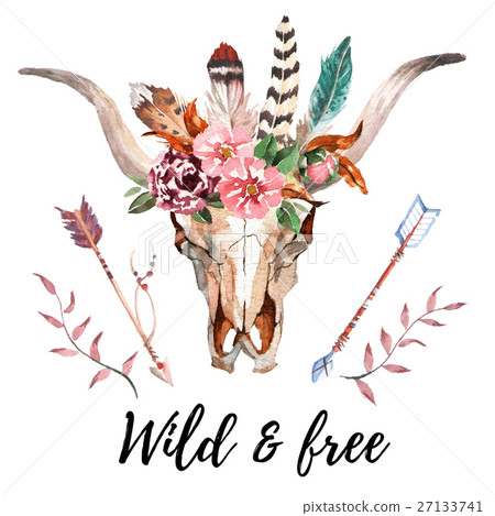 Watercolor boho chic image Flowers, feathers 27133741