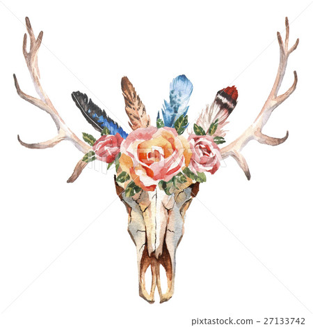 Watercolor boho chic image Flowers, feathers 27133742