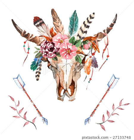 Watercolor boho chic image Flowers, feathers Watercolor boho chic image Flowers, feathers 27133748