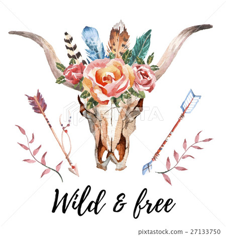 Watercolor boho chic image Flowers, feathers 27133750