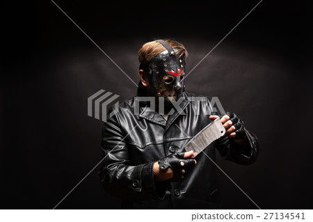 Bloody murderer in hockey mask with meat cleaver 27134541