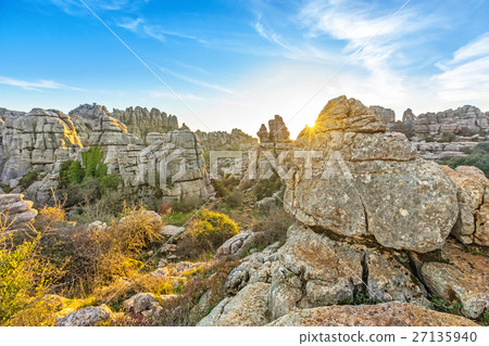 Picturesque rocks on sunset in El Torcal Picturesque rocks on sunset in El Torcal 27135940