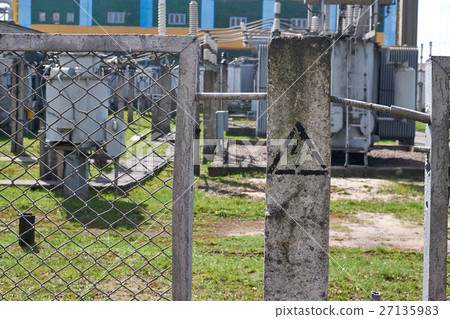 post with applied sign warning about high voltage post with applied sign warning about high voltage 27135983