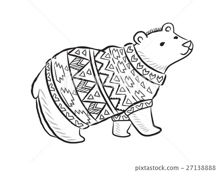 Stock Illustration: Hand drawn outline print with polar bear in winter