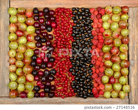 Collection of fruits on wooden background 27148516