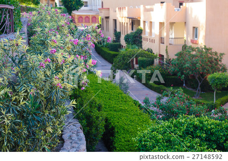 buildings with green shrubs and flowerbeds 27148592