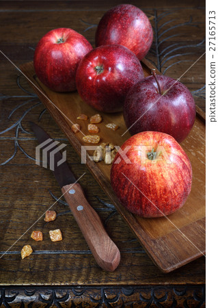 Red Gala apples on old wooden surface Red Gala apples on old wooden surface 27165713