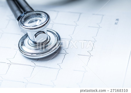 Stethoscope on a heart monitor printout. Stethoscope on a heart monitor printout. 27168310