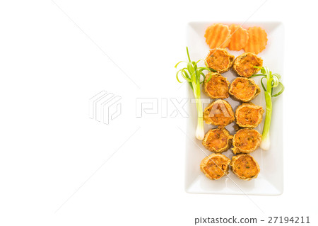 Deep fried crab meat roll in white plate Deep fried crab meat roll in white plate 27194211
