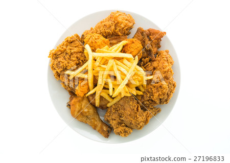 Fried chicken and french fries in white plate Fried chicken and french fries in white plate 27196833