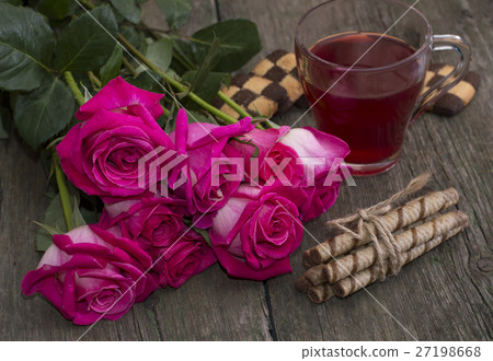 bouquet of red roses, cookies and coffee bouquet of red roses, cookies and coffee 27198668