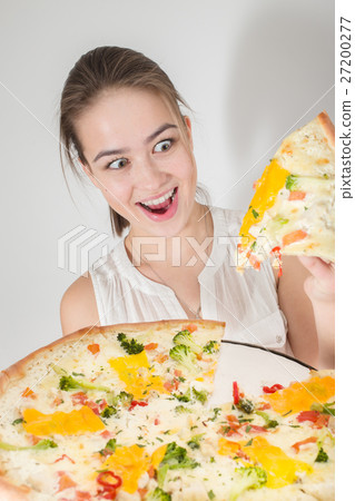 woman presents pizza woman presents pizza 27200277