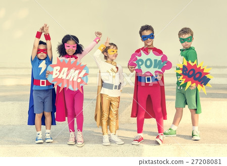 Superheroes Cheerful Kids Expressing Positivity Concept Superheroes Cheerful Kids Expressing Positivity Concept 27208081