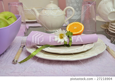 Porcelain plates and pot with violet details Porcelain plates and pot with violet details 27218904
