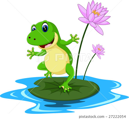 funny Green frog cartoon sitting on a leaf 27222054