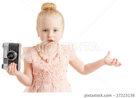 little girl with camera made helpless gesture little girl with camera made helpless gesture 27223136