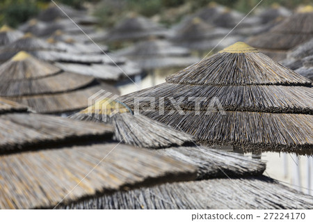 woven umbrellas above rows on beach in Cyprus. woven umbrellas above rows on beach in Cyprus. 27224170