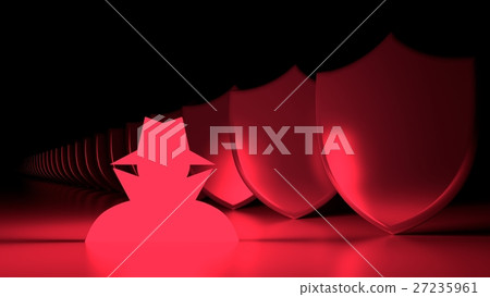 Glowing red hacker and a row of metal shields Glowing red hacker and a row of metal shields 27235961