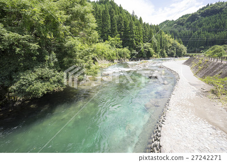 Stream of Oita Prefectural Road Emerald Green Streams from Susagiri Township Suspension Bridge and Fresh Green Forest, Scales of Clouds in the Blue Sky Nature Stream of Oita Prefectural Road Emerald Green Streams from Susagiri Township Suspension Bridge and Fresh Green Forest, Scales of Clouds in the Blue Sky Nature 27242271