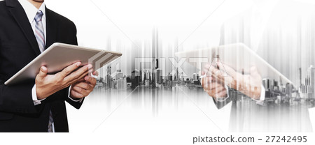 Double exposure businessman using smartphone 27242495