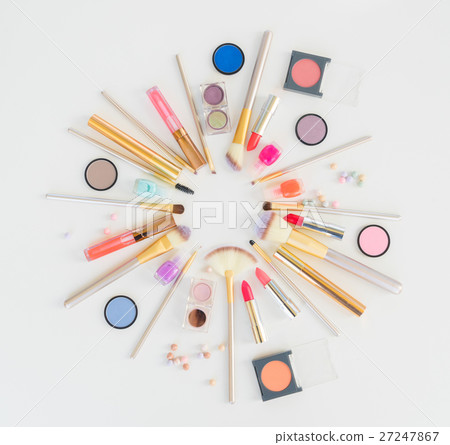 Colorful make up flat lay scene Colorful make up flat lay scene 27247867
