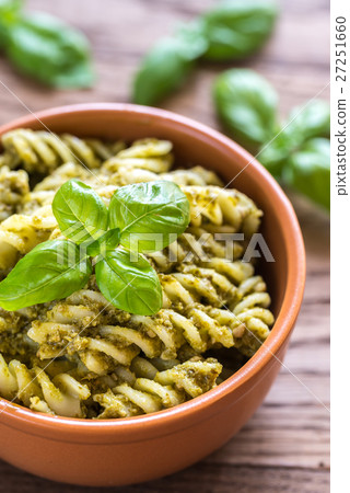 Fusilli with pesto sauce on the wooden background 27251660