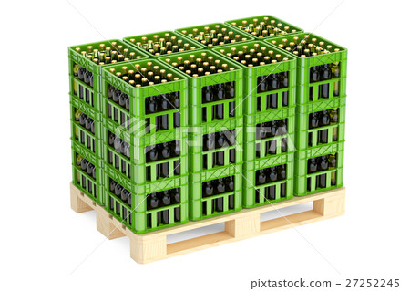 Drink crates with beer bottles on wooden pallet Drink crates with beer bottles on wooden pallet 27252245