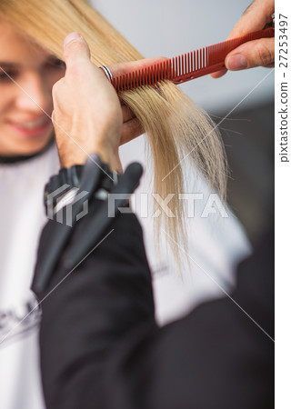 Hairdresser is cutting female hair 27253497
