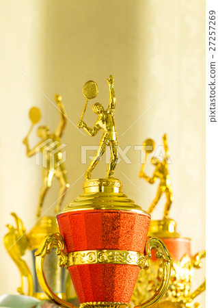 Stock Photo: Badminton gold color trophies