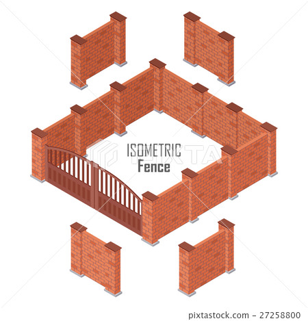 Iron Fence with Brick Columns Isolated on White 27258800