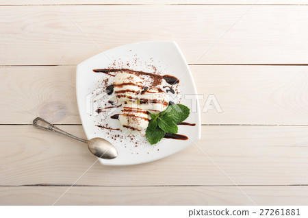 ice cream balls with chocolate and mint leaves ice cream balls with chocolate and mint leaves 27261881