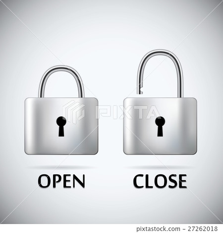 Locked and unlocked Padlock steel text open close - Stock Illustration ...
