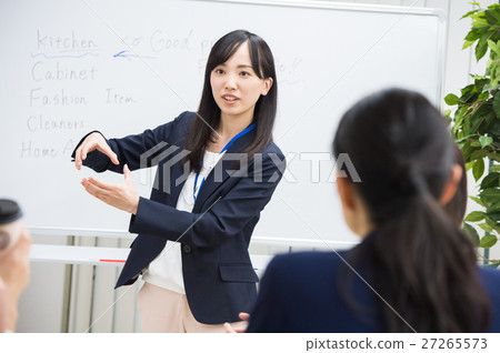 A woman presenting in front of the white board 27265573