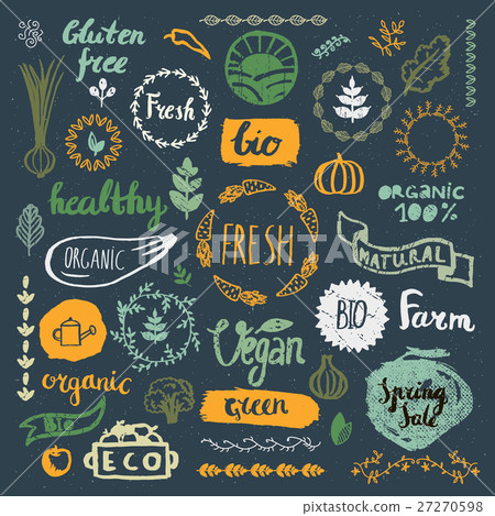 Set of hand drawn bio, organic, eco product logos Set of hand drawn bio, organic, eco product logos 27270598