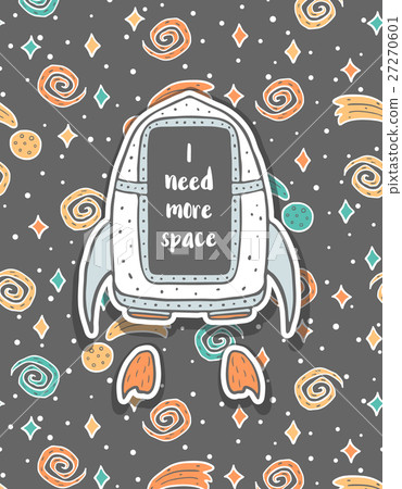 Hand drawn childish postcard with spaceship in 27270601