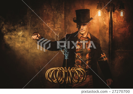 Steampunk man with Tesla coil on vintage steampunk 27270700