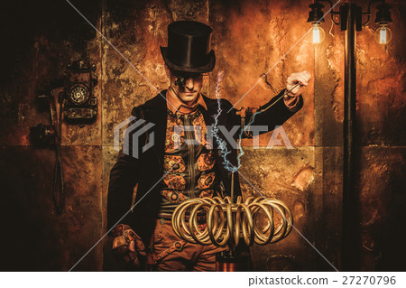 Steampunk man with Tesla coil on vintage steampunk 27270796