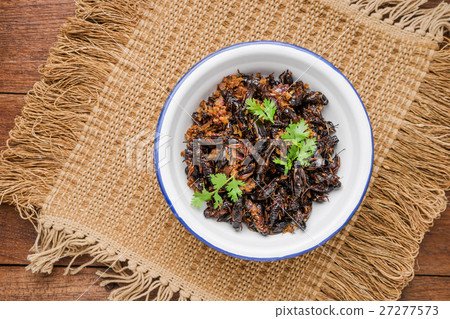 图库照片: food insect, fried crickets in iron bowl