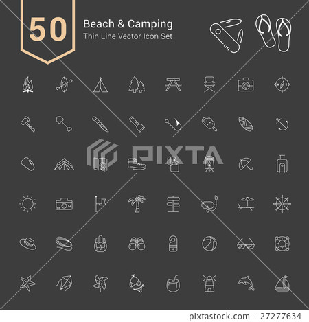 Camping & Beach Icon Set. 50 Thin Line Vector Icon 27277634