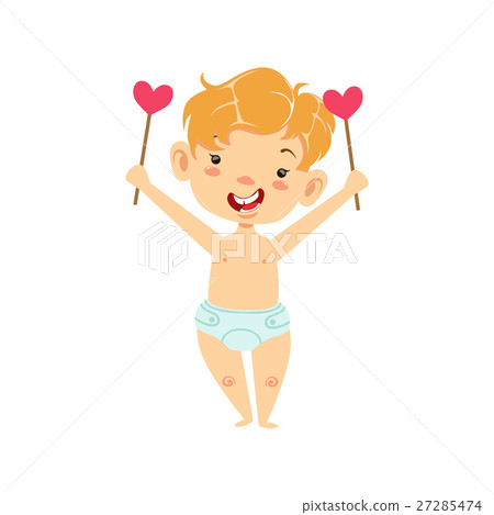 Boy Baby Cupid With Two Hearts On Sticks, Winged Boy Baby Cupid With Two Hearts On Sticks, Winged 27285474