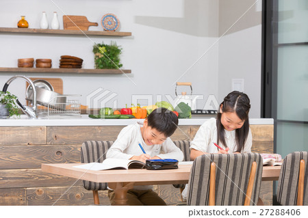 Family siblings study dining kitchen lifestyle homework assigning elementary school students Family siblings study dining kitchen lifestyle homework assigning elementary school students 27288406
