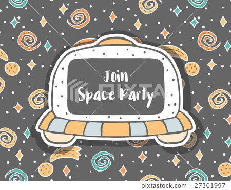 Hand drawn childish invitation with UFO in space Hand drawn childish invitation with UFO in space 27301997