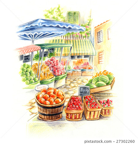 Stock Illustration: fruit, painting made using colored pencils, fruits