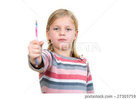 cute little girl drawing in the air or imaginary 27303759